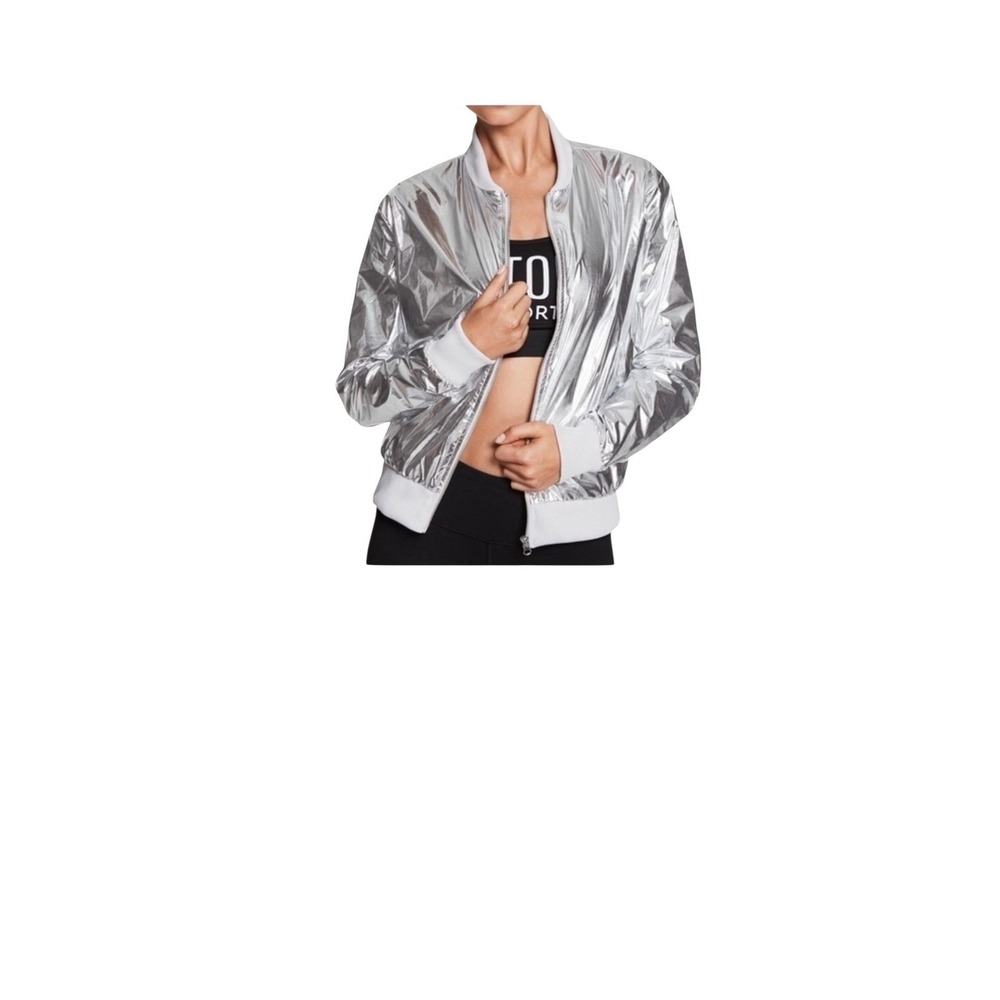 Victoria Secret Sport Liquid Silver Lined Metallic Zip Jacket Pockets‎ Sz M